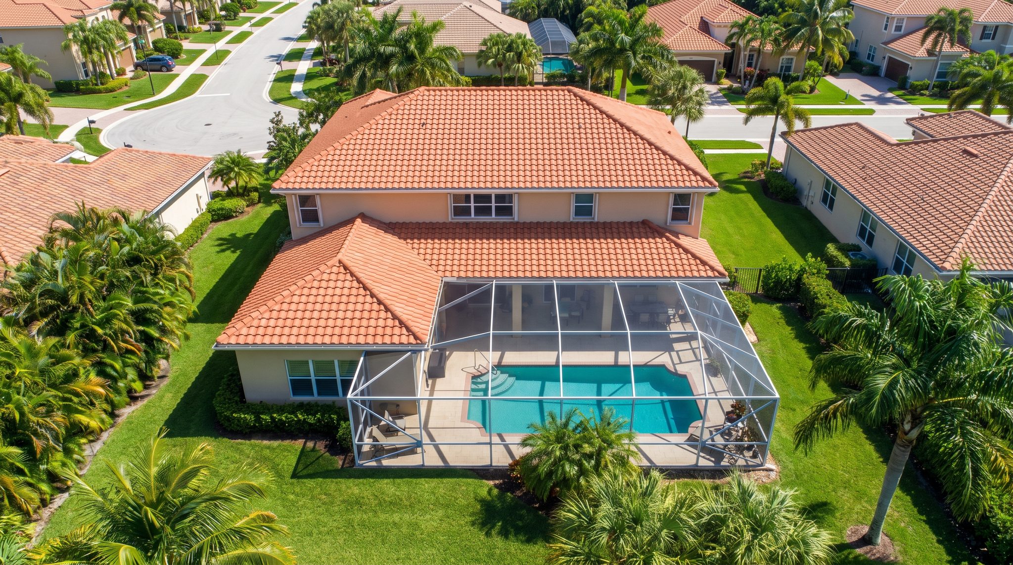 Aerial view of a large waterfront estate with a completed tile roof