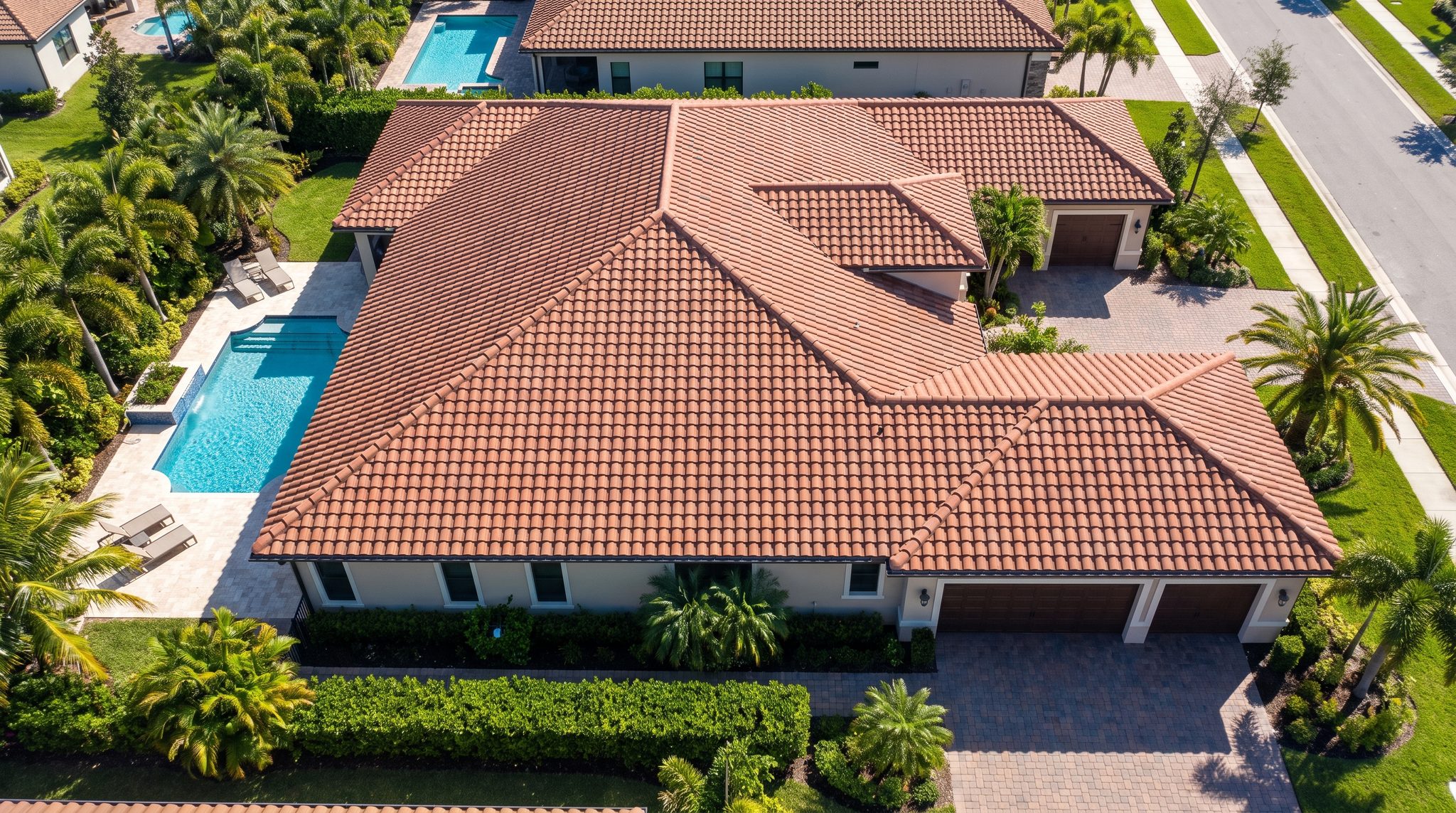 Aerial view of a completed concrete barrel tile roof on a South Florida home
