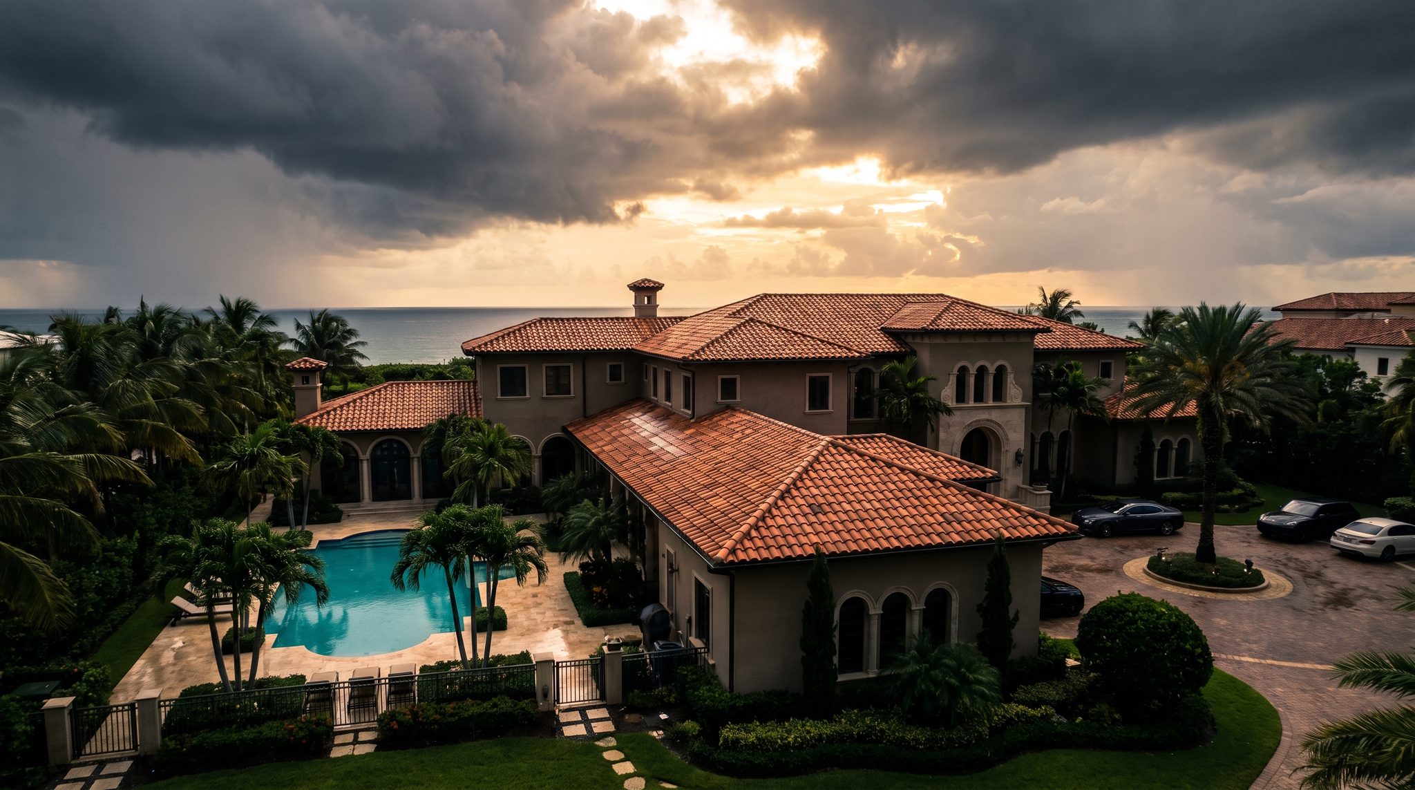 Aerial view of an oceanfront South Florida estate with a terracotta barrel tile roof